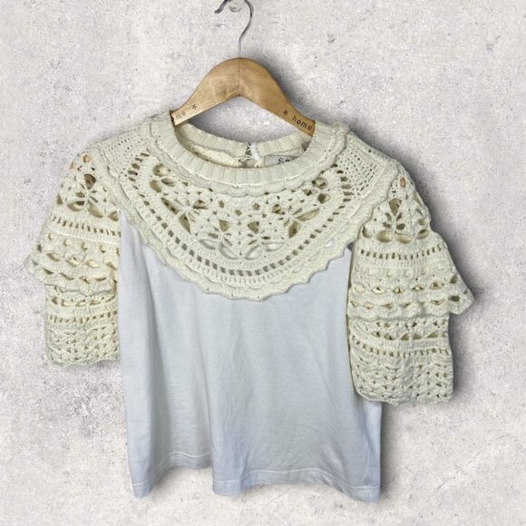 NEW Sea New York Crochet Puff Sleeve White T-Shirt Size Small Tee Shopbop Boho S - Picture 5 of 12